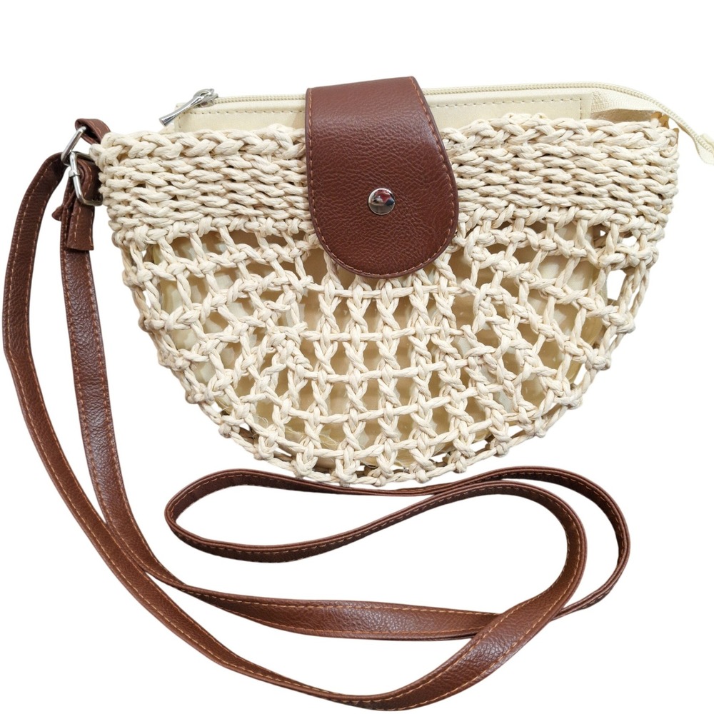 Woven Straw Macrame Crossbody Bag Cream Brown Boho Summer Beach Purse 10x7